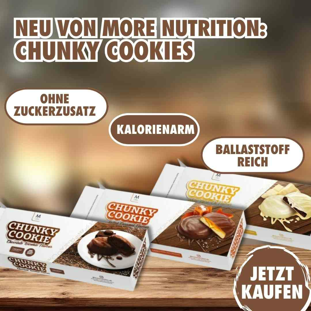 Kalorienarme More Nutrtion Chunky Cookies neu verfügbar in drei Sorten. Leckere Kekse ohne Zuckerzusatz