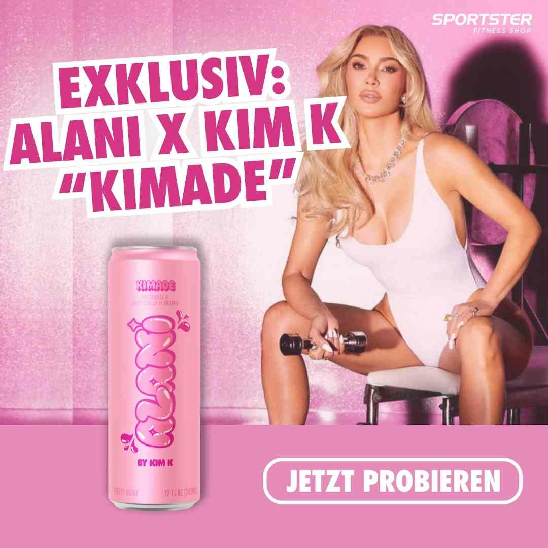 Kim kardashian auf einer trainingsbank, alani nu energy drink in der sonderedition kimade